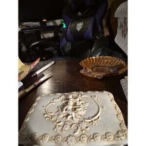 Vintage Incolay Stone Jewerly Trinket Box Raised Cherubs Angels And Floral...